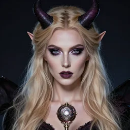 beautiful blonde nordic witch summoning satan, portrait, studio lighting, perfect eyes, detailed face, cover model, magic, technology,