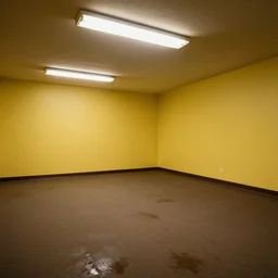 a photograph of an emty office with mono yellow walls,brown moist carpet and fluorescent lights,creepy,eerie,4k,real photo,natural lights,mysterious,professional photography