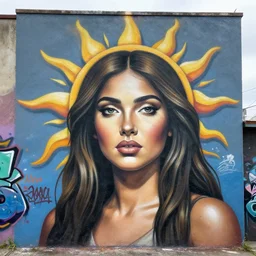 sun goddess as a graffiti mural by lee, masterpiece, trending on artstation