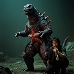 a filmstill of pulgasari, kaiju starfish, monster movie, korean film noir, 1 9 5 0 s thriller, kim jong - il, in the style of suspiria ( 1 9 7 7 )