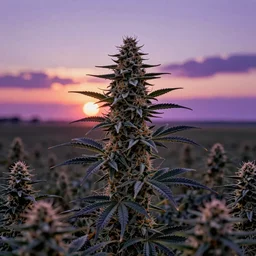 a field of techno - biological innovative cannabis colas at sunset, generative delta 8 design structure, biopunk, black and purple colour palette, cinematic, photorealism