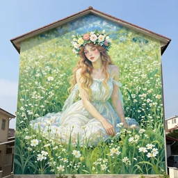 a huge outdoor wall mural taking up the entire side of a building. it shows a fairy sitting in a field of white flowers. they are both wearing flower crowns. stunning wall mural painting by by artgerm and greg rutkowski and alphonse mucha