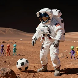an astronaut watching a bunch of aliens play soccer on mars from sidelines