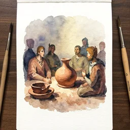 small centered on watercolor paper, paint brush strokes, abstract watercolor painting of ancient scandinavian culture, clay work, cinematic light, national romanticism by hans dahl, by jesper ejsing, by anders zorn, by greg rutkowski, by greg manchess, by tyler edlin