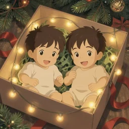Two twin babies in a gift box, christmas lights, very detailed, art by Studio Ghibli