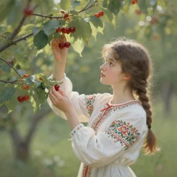 girl picking cherries. gouache fairytale art, russian romanticism, muted palette, backlighting, depth of field, bokeh.