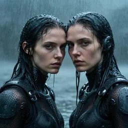 cinestill 5 0 d candid photographic portrait by helen levitt of two loving female androids wearing rugged black mesh techwear in treacherous waters, extreme closeup, modern cyberpunk moody depressing cinematic, pouring rain, 8 k, hd, high resolution, 3 5 mm, f / 3 2, ultra realistic faces, ex machina