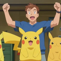 a screen still from the Pokemon anime (1999), Anderson Cooper is celebrating
