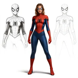 full body character portrait of a woman in an orb weaver spider inspired spiderman costume, character sheet, highly detailed portrait, digital painting, concept art, sharp focus, smooth, illustration