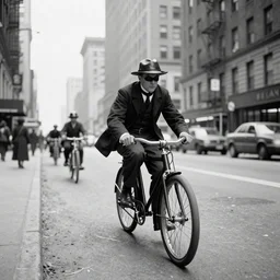 old black and white photo, 1 9 1 3, depicting batcycle from dark knight rampaging through the bustling streets of new york city, rule of thirds, three - point perspective, historical record