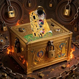 The Helliquary by Karol Bak, Jean Deville, Gustav Klimt, and Vincent Van Gogh, lockbox, otherworldly, locks, vault, chains, fractal structures, arcane, inferno, inscribed runes, reliquary, infernal relics, ornate gilded medieval icon, third eye, spirals