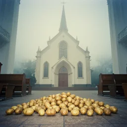 Beautiful Liminal Grainy foggy disposable-camera Photograph of a church made from potatoes on the floor