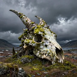 hyperealistic painting of scandinavian landscape . giant abandonned dragon skull covered with moss. by Simon Stålenhag !