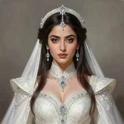 head-on symmetrical centered painted portrait, Mahira Khan as a D&D wizard, white bejeweled robes, fantasy, intricate, elegant, highly detailed, digital painting, smooth, sharp focus, illustration, artstation, in the style of Artgerm and Anna Podedworna and Alex Ross
