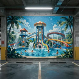 waterpark in a parking garage painting by brain froud, charles vess, cinematic lighting, epic composition, highly detailed