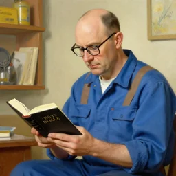 a balding white plumber, glasses, norman rockwell painting, reading bible