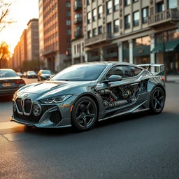 car made of complex mechanisms in a hd city