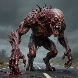 Giant fanged limb monster walks in the road. Drops of blood, meat with veins, mouths, eyes. Dark colors, high detail, hyperrealism, horror art, intricate details, masterpiece, biopunk, body-horror, art by Greg Hildebrandt, Beksinski, Giger