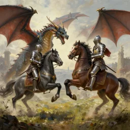 battle between a knight and a dragon, epic fight, dragon, knight on a horse, medieval knight, fantasy painting, digital art