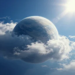 cloud planet, cinematic angle, cinematic lighting, blue sky, sun in the sky, by Syd Mead, John Harris, Federico Pelat
