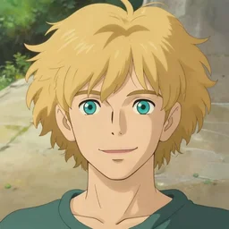 young man with medium - length, curly, golden hair, perfectly proportioned face, aquamarine eyes, smile, natural lighting, path traced, highly detailed, high quality, cartoon, digital painting, by new haicheng and studio ghibli