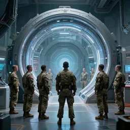 photograph of modern united states soldiers guarding a futuristic interdimensional portal in a laboratory, hard sci - fi, inspired by stargate sg 1