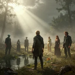 rural wisconsin after grey alien apocalypse, mist, sunrays, dust in the air, dnd character, unreal engine, octane render, dramatic lighting, pond, digital art, by stanley artgerm lau, greg rutkowski, thomas kindkade, alphonse mucha, loish, norman rockwell,