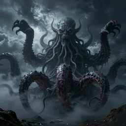 imense tentacles reaching from the sky, hp lovecraft, cthulhu emerging from a violent storm, untold horror and nightmarish night, fog, photographic hyper real, octane render