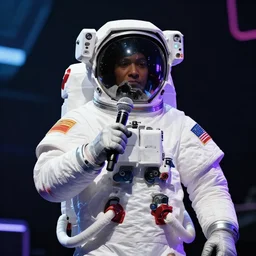 portrait of an astronaut holding a microphone on a stage,digital art,ultra realistic,ultra detailed,art by greg rutkowski,dramatic,cinematic,neon,professional lighting
