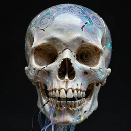 3 d close - up swirly broken in to pieces fractured iridescent human skull jellyfish, highly detailed. by wlop, tooth wu, greg rutkowski, alena aenami, beeple