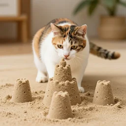 a calico cat making a sand castle