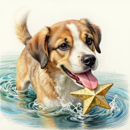 intricate five star dog playing in the water by monica lee, colored pencil on paper, high detail, skin texture, photo realistic, hyperrealism, matte finish, high contrast, 3 d depth, masterpiece, vivid colors, artstationhd