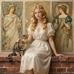 a girl with blond wavy hair sits with her tabby cat on a low brick wall, artstation, concept art, soft light, hdri, smooth, sharp focus, illustration, fantasy, intricate, elegant, highly detailed, d & d, matte painting, in the style of greg rutkowski and alphonse mucha and artemisia, 8 k, highly detailed, jurgens, rutkowski