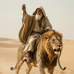 a wise old man with a long white beard wearing a hooded tunic, riding a lion in the desert, the man in holding a snake as though it where handlebars and the lion is holding the snake in its mouth, epic cinematic establishing shot, dramatic lighting