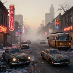 fallout 5, desolate rugged street, dilapidated neon signs, few rusted retro futuristic vintage parked vehicles like cars, ( ( ( buses, trucks, trams ) ) ), volumetric lighting, photorealistic, foggy, early evening, winter, sharp focus, ultra detailed, 4 0 0 0 k