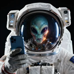 extremely detailed portrait of space astronaut, wearing gloves, iphone in hand, reflection of alien in visor, visor reflects image of alien, extreme close shot, dramatic backlight, award winning photo by jimmy nelson