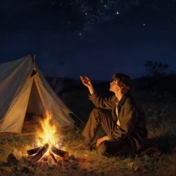 very very attractive man counts the stars at night from beside the fire, his tent is nearby, melancholy, nostalgia, painting by gaston bussiere, craig mullins, j. c. leyendecker