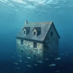 submerged under the water of the ocean, a typical european house with a slate roof, submerged under the water of the ocean, school of fishes, scenic view, matte painting by christophe vacher and hubert robert, trending on artstation