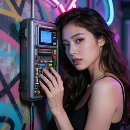 beauty woman leaning against a wall, neon graffiti, very detailed, dramatic lighting, detailed electronic case, electrical  details, high details, 4k, 8k, trending on artstation, by Hajime Sorayama and Paolo Eleuteri Serpieri