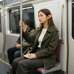 a lady elf in trendy clothes riding a subway car trying to ignore the fat troll in an anime shirt standing near her, art by tony sart