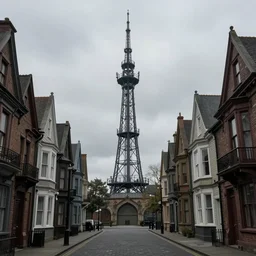 A street-level view of a gloomy fantasy Victorian-era town, single-point perspective centered in a radio tall, foreboding radio tower with cast-iron walkways; muted colors cloudy weather, trending on artstation.
