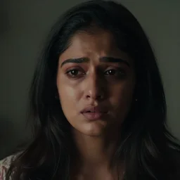 an cinematic headshot portrait of a beautiful indian woman, pretty, sad, crying, low contrast, long hair, ultra realistic