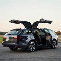 photo still of a station wagon with open!!! gullwing doors!!! gullwing doors gullwing doors!!!, 8 k, 5 2 mm f 1 2