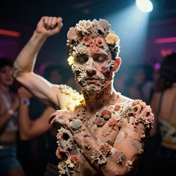 realistic photo of a blurred face of an gay man, covered in shriveling dead coral reef, emitting aura, dancing in a gay night club circuit party with a spotlight shining on him 1 9 6 0, life magazine photo, natural colors, metropolitan museum, kodak, 8 k, very detailed, high resolution, product photo,