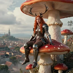 a portrait photo of an armored woman warrior redhead with antlers sitting on the edge of a giant red cap mushroom that covers a whole town and reaches above the clouds by luis royo. intricate. lifelike. soft light. sony a 7 r iv 5 5 mm. cinematic post - processing