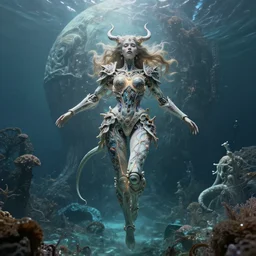 dynamic pose!! symmetry! biblical diabolical bautiful cyborg girl, glowing veins! intricate detailed porcelain armor, ocean on alien planet titan, underwater photography, by gerald brom, by mikhail vrubel, by peter elson, muted colors, extreme detail, trending on artstation, 8 k