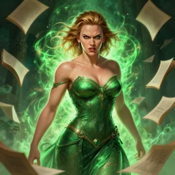 angry muscular scarlett johansson as mage, book pages blowing all around in the background, magical green aura, d & d, fantasy, intricate, elegant, highly detailed, digital painting, artstation, concept art, smooth, sharp focus, illustration, art by artgerm and greg rutkowski and alphonse mucha