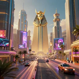 movie still of futuristic city inspired by ancient egypt, neon lights, billboards, hover cars, 3 d render, hyper realistic