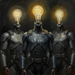 cybermen with lightbulbs for heads, detailed painting, dark lighting, by ilya repin, phil hale and kent williams