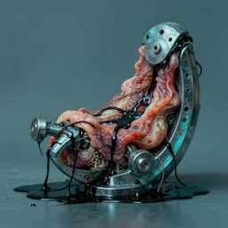 mechanical mitosis, chiaroscuro!, minimalism, sfumato!, flesh bound to metal, loose wires, black oily ooze, hyperrealism, surrealism, realistic cyan shaded lighting, vibrant, cell shaded, reflective surfaces by ilya kuvshinov and greg rutkowski and gil elvgren
